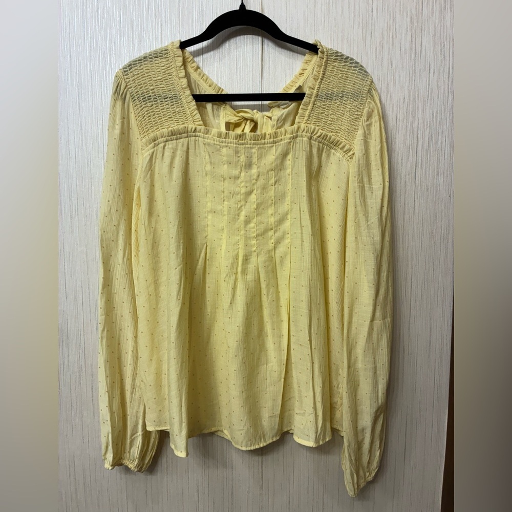 Perch by Blu Pepper Butter Yellow Smocked‎ Polka Dot Long Sleeve Blouse Plus 3X